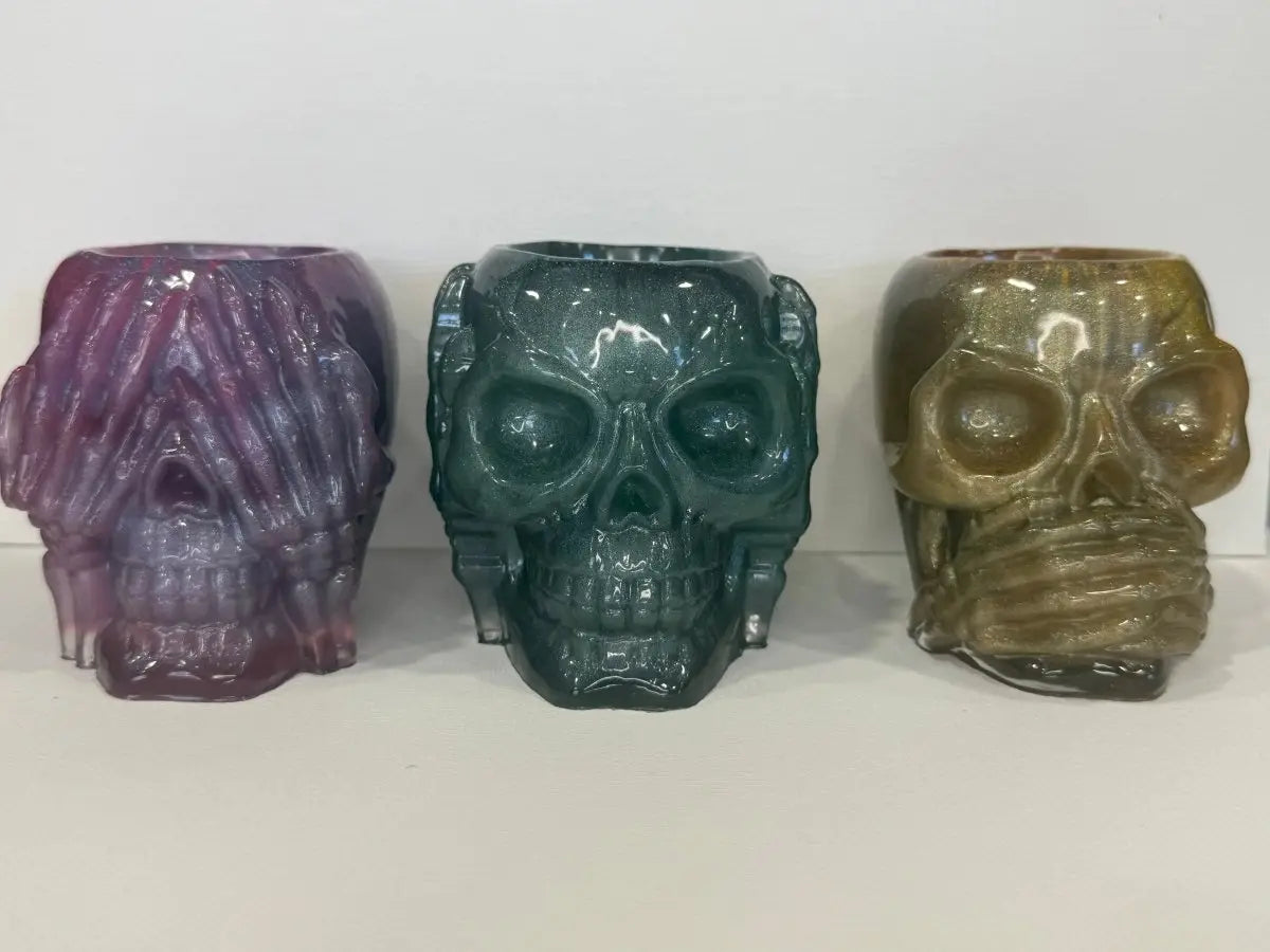 Handmade epoxy resin Three Wise Skulls set for gothic Halloween shelf decor