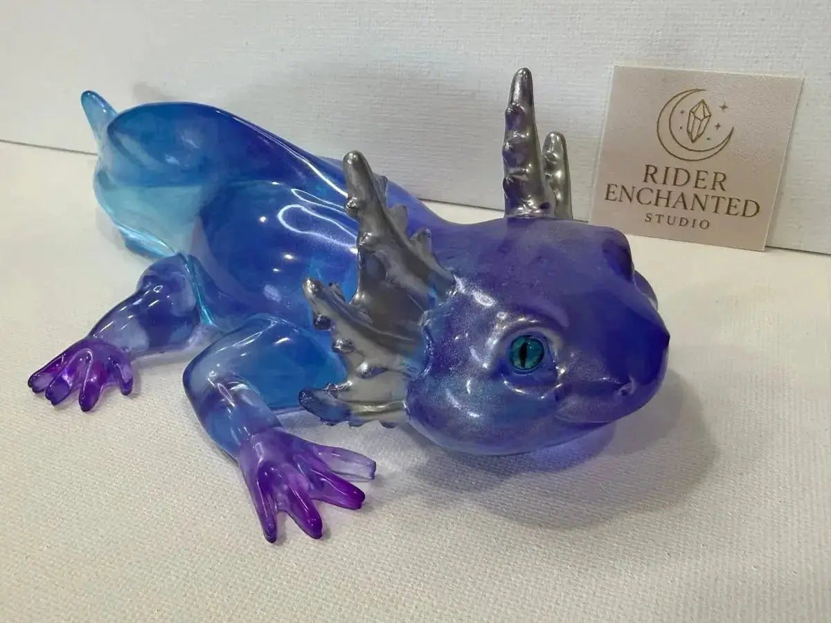 7" handmade epoxy resin axolotl figurine — blue to purple shimmer with silver gill frills, Rider Enchanted Studio card