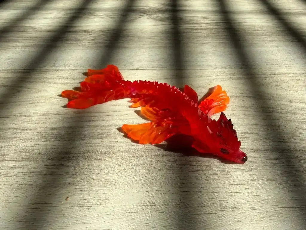 4" handmade epoxy resin fire winged dragon figurine, angle 2, Rider Enchanted Studio