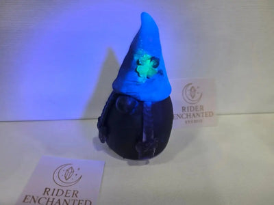 3" handmade epoxy resin gnome figurine — black uv glow blue hat, Rider Enchanted Studio