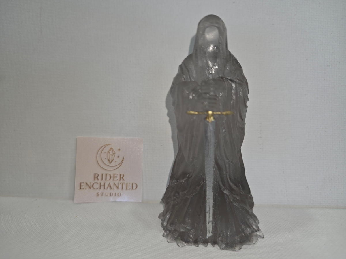 3" Smoky Grey epoxy resin Knight Wraith figurine with gold-hilt sword and Rider Enchanted Studio card