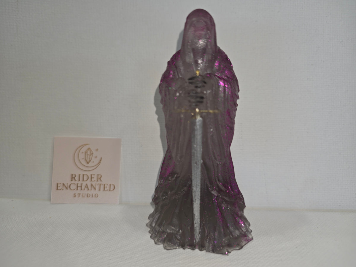 3" Translucent Charcoal epoxy resin Knight Wraith figurine with gold-hilt sword and Rider Enchanted Studio card