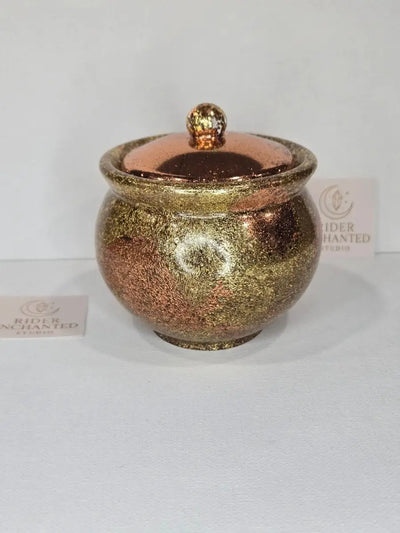3" handmade epoxy resin honey pot assembled — metallic gold and copper shimmer with lid knob, Rider Enchanted Studio cards
