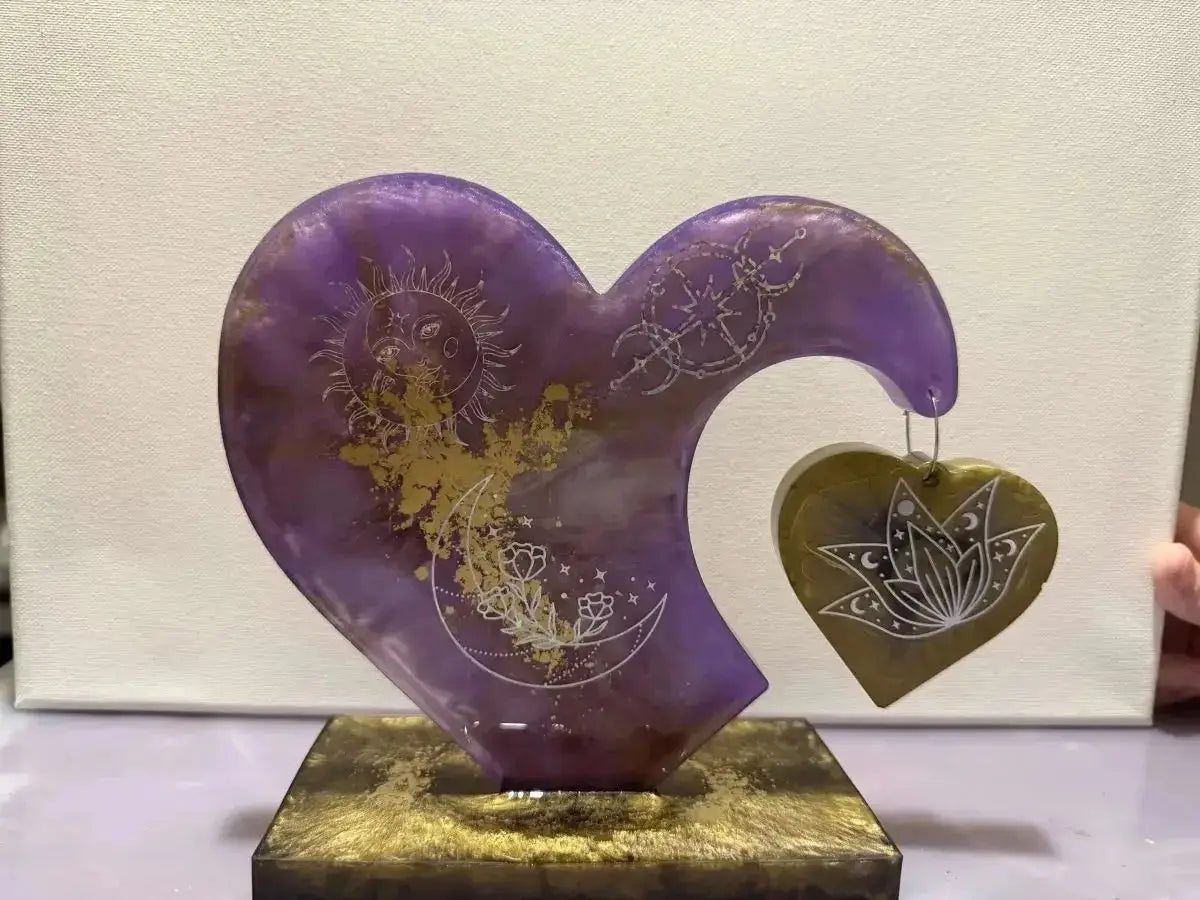 5" handmade epoxy resin purple & gold heart, angle 2, Rider Enchanted Studio