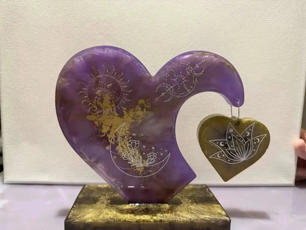 5" handmade epoxy resin purple & gold heart, angle 1, Rider Enchanted Studio