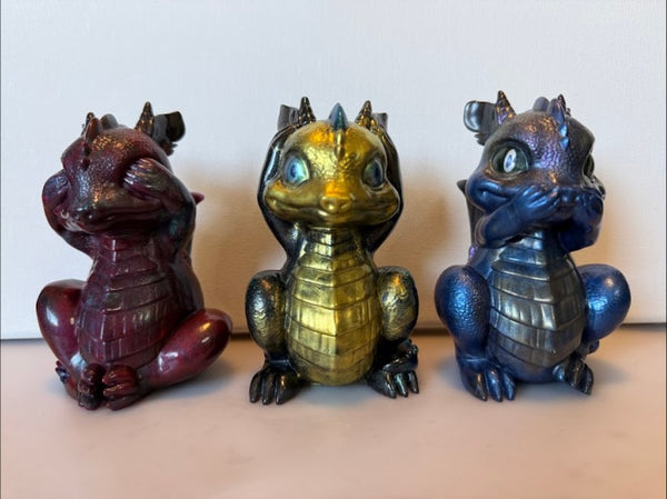 4" handmade epoxy resin see/hear/speak no evil dragon trio — opaque metallic red, gold, and blue set, Rider Enchanted Studio