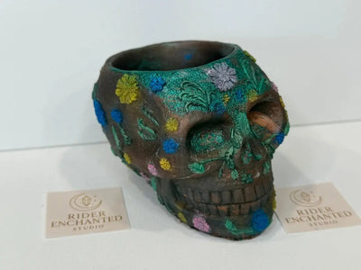 3" handmade epoxy resin skull planter, angle 1, Rider Enchanted Studio