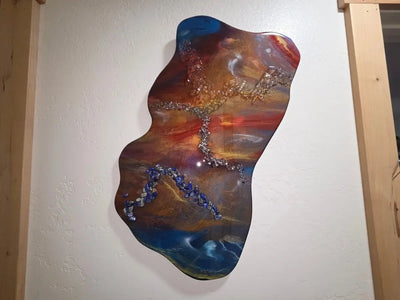 Sunset Canyon Geode Wall Art – 18x12 Original with Real Crystals, handmade epoxy resin, Rider Enchanted Studio